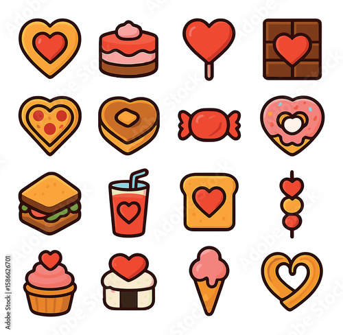 Heart shaped food icon collection. candy, pizza, cake, chocolate, linear style