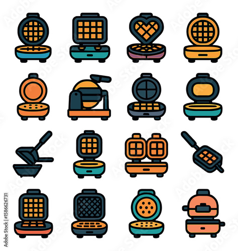 Waffle iron icon collection: kitchen appliance flat style. waffle maker, griddle, belgian, heart, round, square