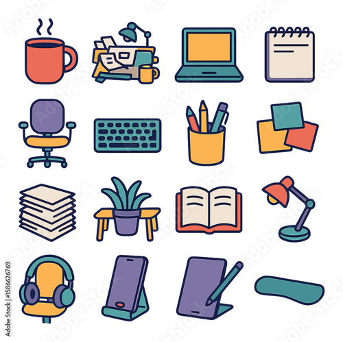 Vibrant workspace icon collection: simple office, desk, laptop, coffee, stationery, chair