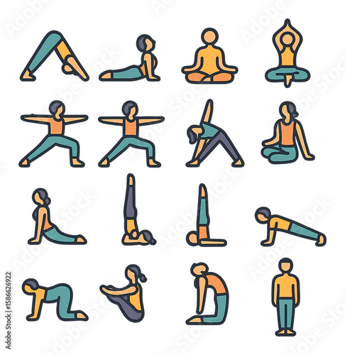 Yoga pose icon collection: simple linear set. downward dog, cobra, warrior, lotus, child, tree, plank, seated