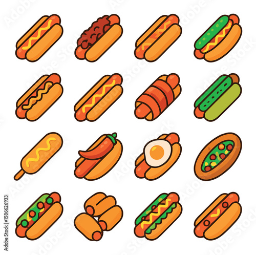 Hot dog icon collection: simple flat icons with toppings, sausage, buns, mustard