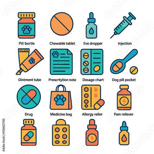 Dog medication icon collection. pet care simple dog, pill, syringe, medicine, dropper