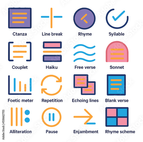 Poetry icon collection: modern poetry simple linear icons. stanza, rhyme, sonnet, haiku