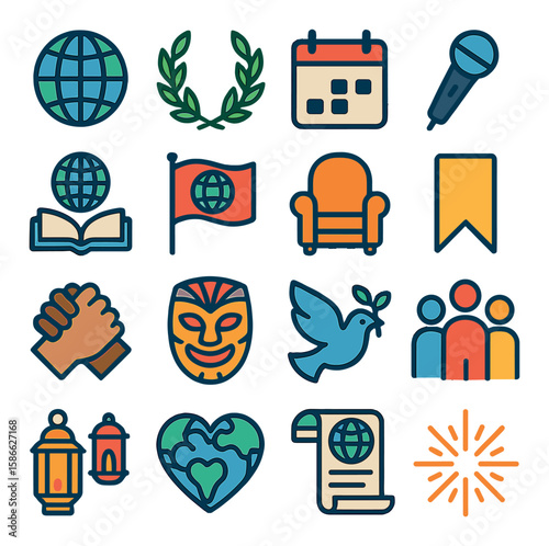 Poetry day celebration icon collection. simple compose set: globe, book, microphone, calendar, flag