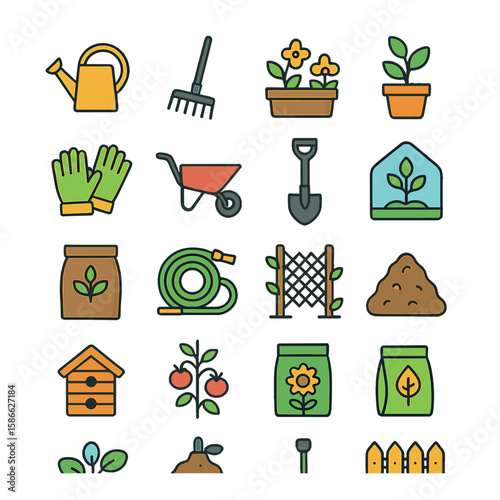Garden tools icon collection: simple flat design. gloves, wheelbarrow, shovel, plants, fence icons.