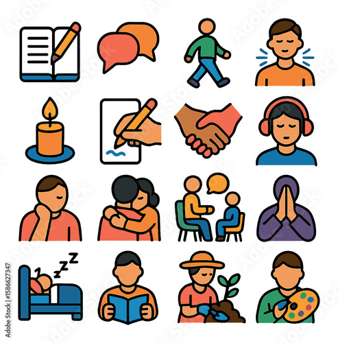 Healing activities icon collection. simple wellbeing icons: journal, talk, walk, meditate, candle, write, hug, talk, pray, sleep, read, garden, paint