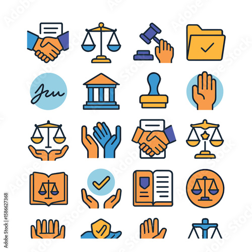 Legal icon collection: simple legal icons including gavel, scale, handshake, contract, folder, stamp, flat