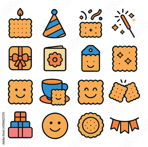 Biscuit party icon collection. simple snack, celebration, gift, joy symbols. flat