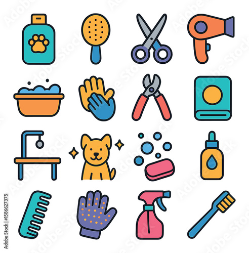 Dog grooming essentials icon collection. pet care flat icons: shampoo, brush, scissors, dryer, tub
