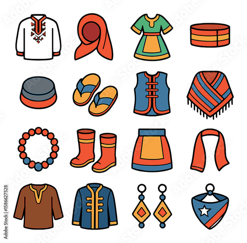 Cultural attire icon collection: traditional wear silhouette. dress, scarf, hat, shoes, jewelry