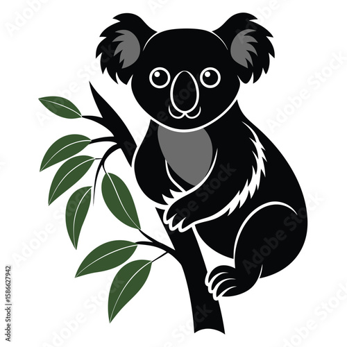  Pure black design of a koala clinging to a eucalyptus tree branch, side view with rounded ears and big nose detail, isolated on white background. 