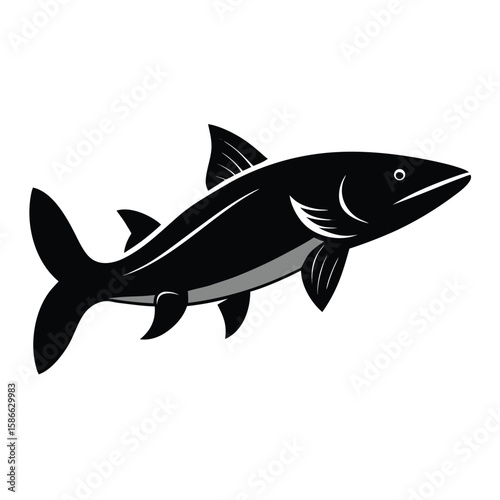  Pure black northern pike in side profile, detailed fins and long pointed snout, sharp teeth slightly visible, minimalist and aggressive pose on white background. 