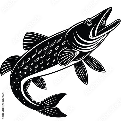  Pure black northern pike in side profile, detailed fins and long pointed snout, sharp teeth slightly visible, minimalist and aggressive pose on white background. 