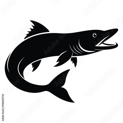  Pure black northern pike in side profile, detailed fins and long pointed snout, sharp teeth slightly visible, minimalist and aggressive pose on white background. 