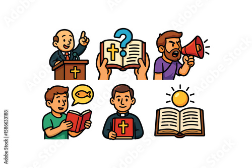 Cartoon christian characters and symbols in religious activities