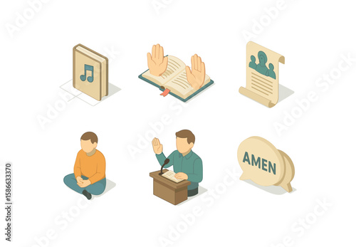 Isometric icons of music book, prayer, speech and amen symbol