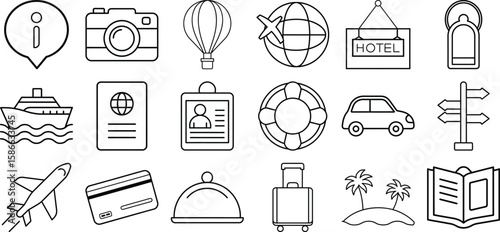 Travel and Tourism Line Icon Set, Vacation, Hotel, Transport, and Trip Essentials