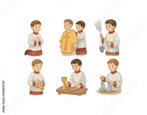 Six young caucasian boys performing altar server duties in church