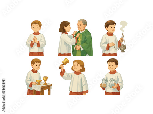 Young caucasian boys and girls in altar server roles at church ceremony
