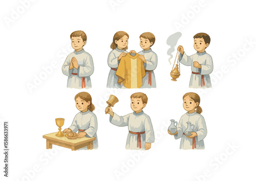 Children in religious attire performing various church ceremonies