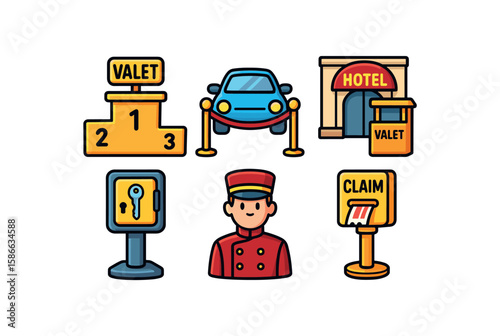 Valet services icons: car, podium, hotel, key, claim, attendant