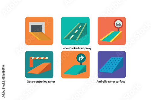 Variety of ramp icons: lane-marked, gate-controlled, anti-slip designs