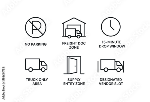 Delivery zone icons: no parking, freight doc, 15-minute drop, truck-only, supply entry, vendor slot