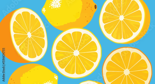 Vibrant whole and halved lemons float against a bright blue background.