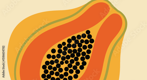 A stylized illustration of a halved papaya, showcasing its vibrant orange flesh and numerous black seeds.