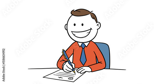 Happy businessman signing important document at his desk.