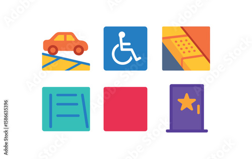 Accessibility icons set including car ramp, wheelchair, and entrance signage