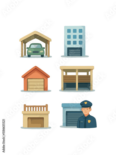 Illustrated urban icons with police officer and buildings