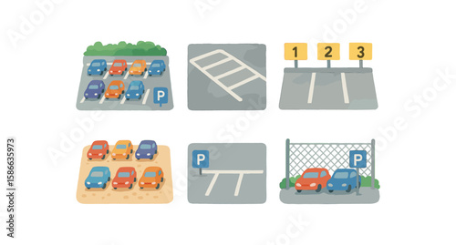 Illustrated parking lot layouts with colorful cars and signage