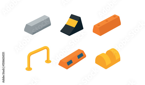 Isometric skatepark obstacles set with ramps and rails in orange and gray