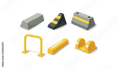 Collection of various parking blocks and barriers in yellow and gray
