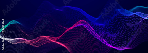 Wave of streaming particles on a light blue background. Abstract background with dynamic elements of waves and dots. 3d