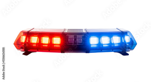 A police light bar with red and blue flashing lights on a transparent background. The light bar is rectangular and designed for emergency vehicles.