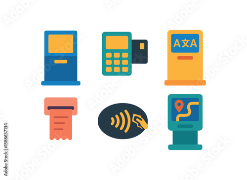 Colorful electronic devices icons set including atm and contactless payment symbol