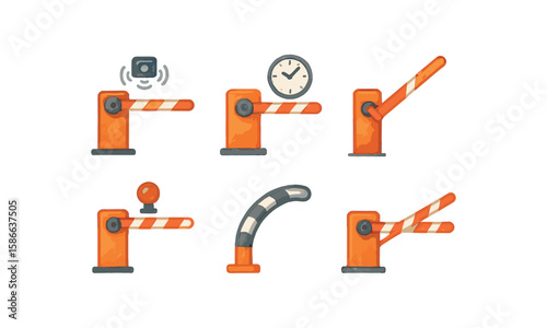 Collection of illustrated parking gate barriers in various positions