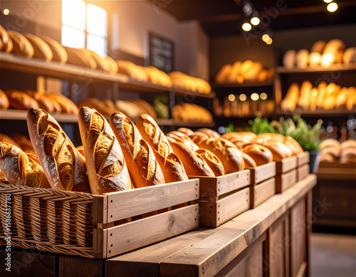 Fresh baguettes on rustic table in gourmet store