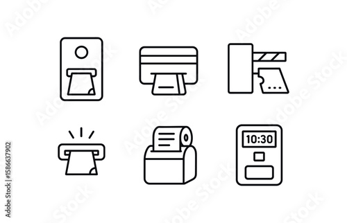 Icon set of ticket machines and printers in outline style