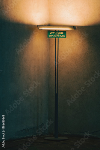 Minimalist Emergency Exit Sign Under Lamp in a Dark, Textured Interior