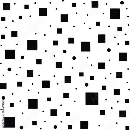 Black squares and circles scattered on white background abstract geometric