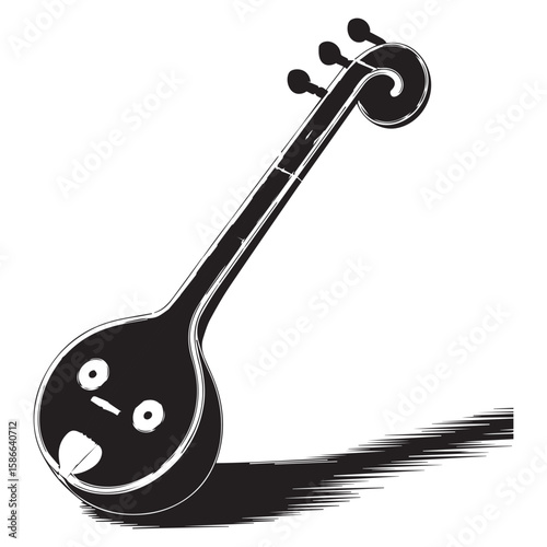 A stylized black and white illustration of a cartoonish indian sitar with a happy face and a dynamic shadow