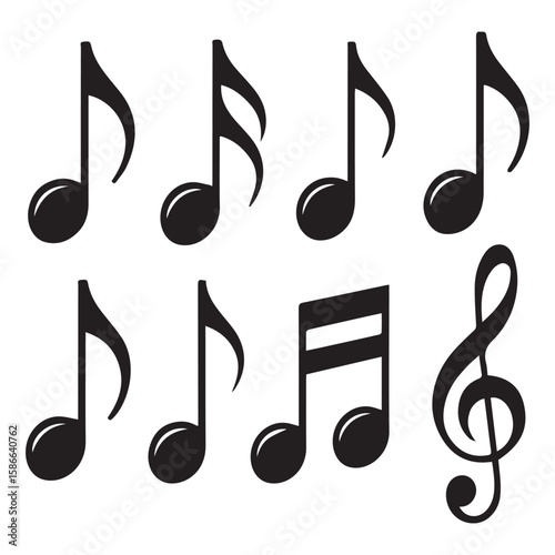 Collection of black musical notes and symbols including eighth notes quarter notes and treble clef on white background