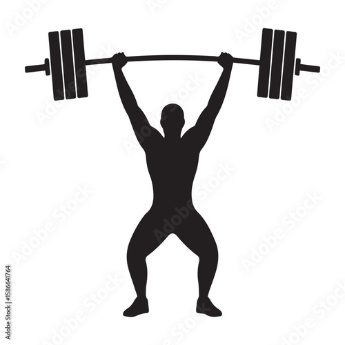 Silhouette of a muscular man performing a clean and jerk weightlifting exercise with a barbell overhead
