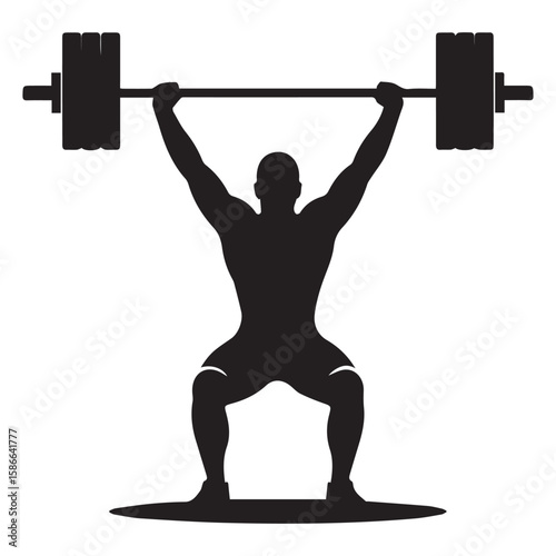 Silhouette of a weightlifter performing a clean and jerk with a barbell overhead in a dynamic squatting position