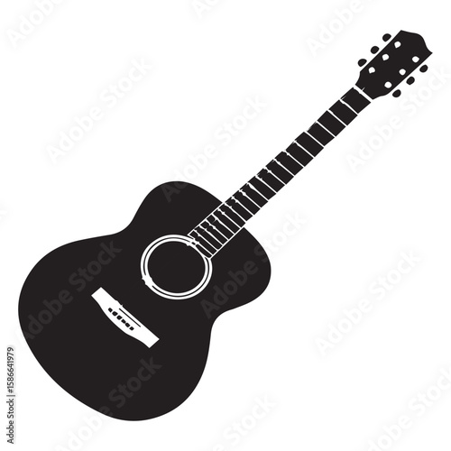 Simple black silhouette of an acoustic guitar with six strings and a white soundhole ring on a white background