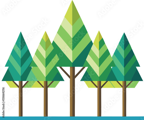Geometric forest with varying shades of green trees and brown trunks abstract