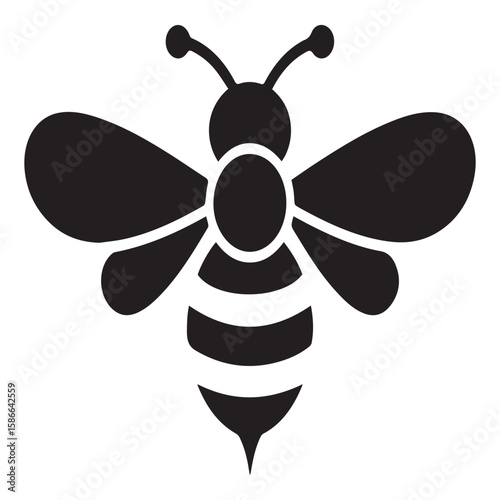 Stylized black silhouette of a bee with prominent wings segmented body and antennae isolated on a white background